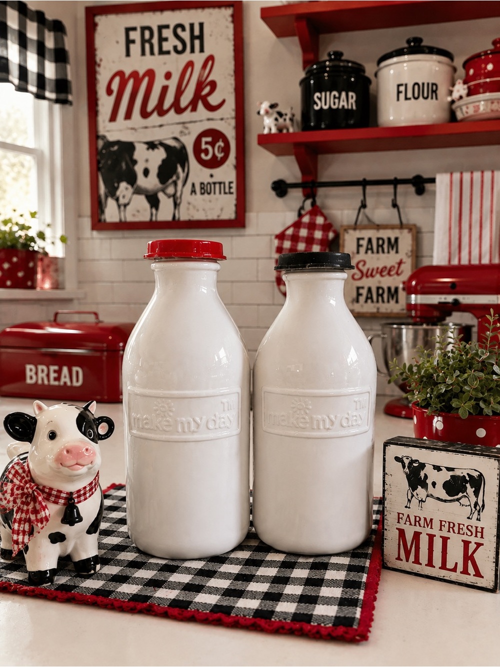 Pair of Retro White Milk Bottle Decor with Red & Black Caps SET OF 2